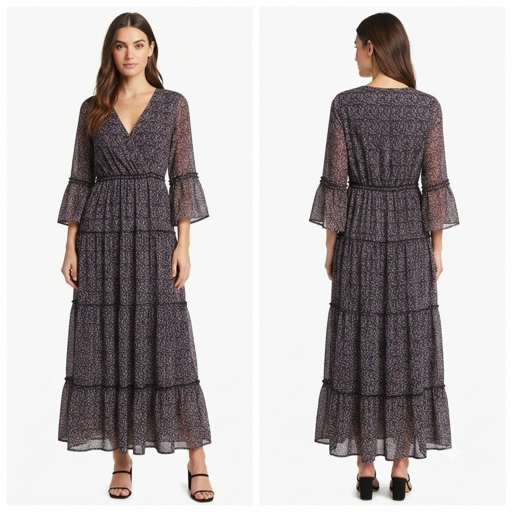 Downeast Dress Womans M Floral V-Neck Tiered Maxi Dress Bell Sleeve Boho Purple